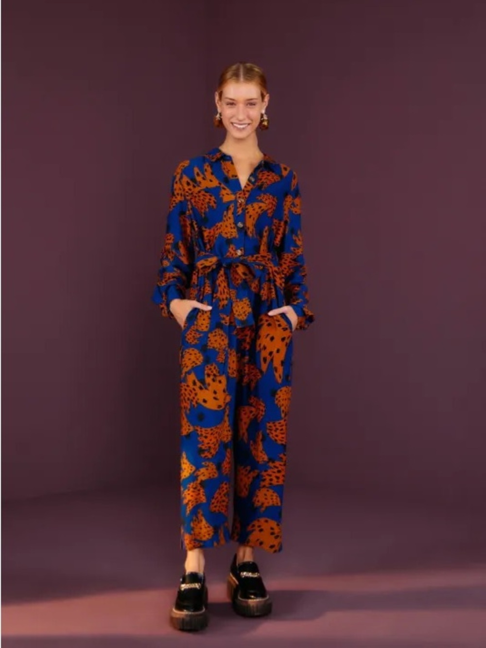 FARM Rio Blue and Orange Printed Long-Sleeve Jumpsuit